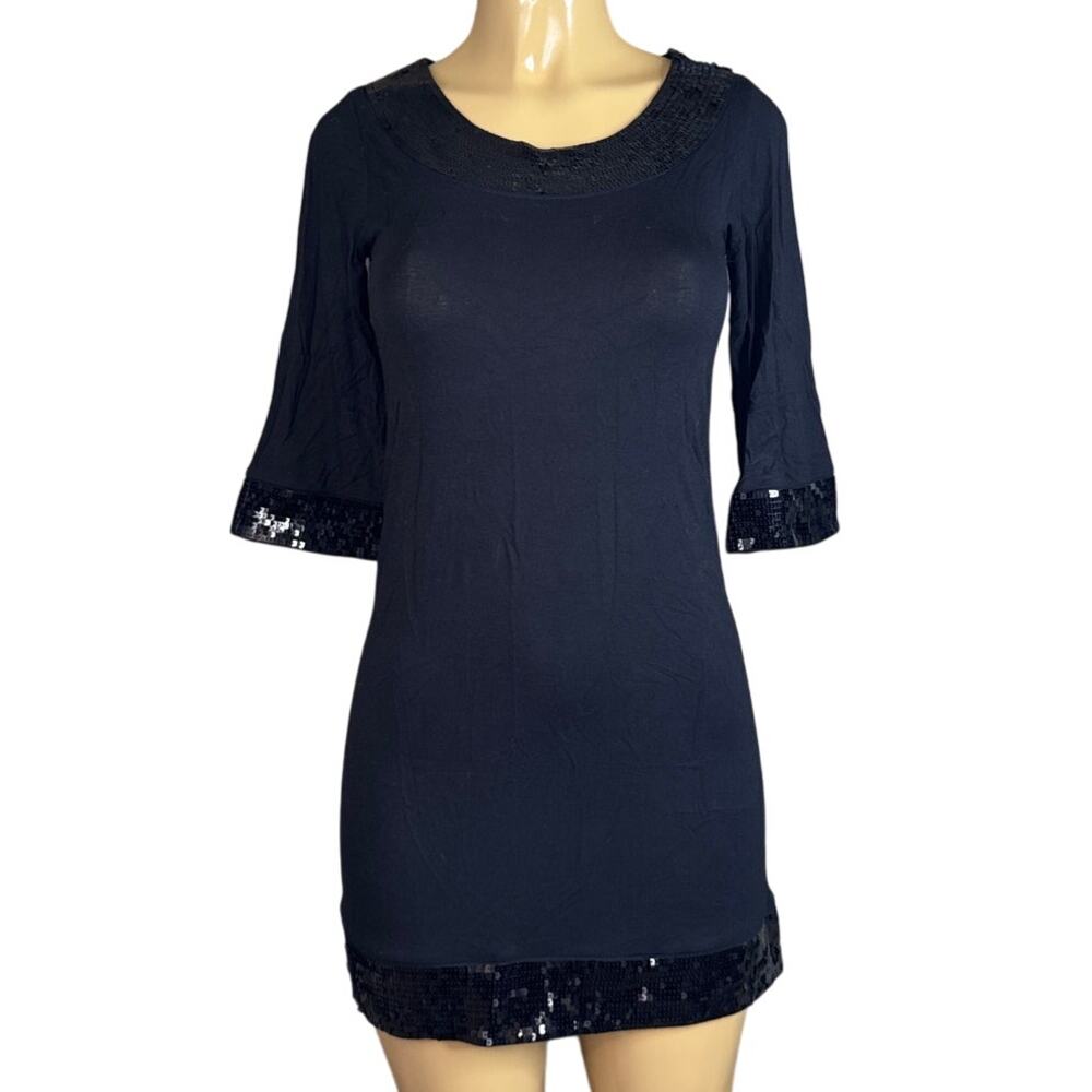 Kensie Pretty Solid Black Sequin Trim Dress Cropped Sleeve Size XS